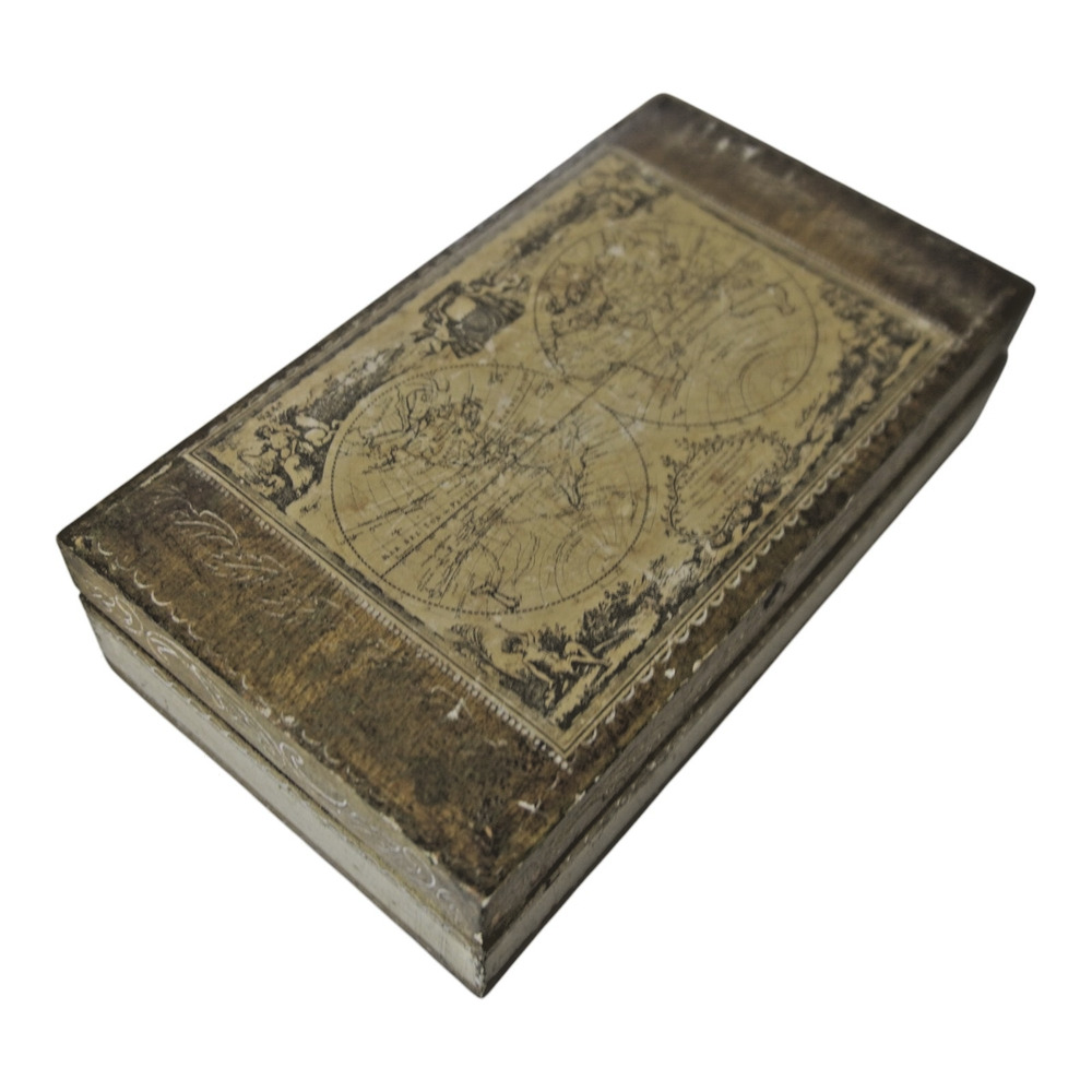 Vintage Florentine Style World Map Wood Jewelry Trinket Box